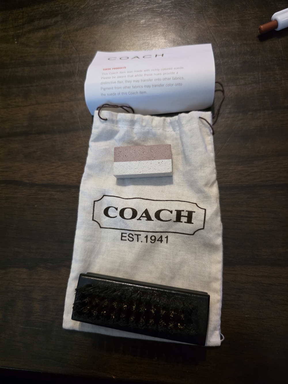 COACH Drawstring Dust Bag - Cream & Brown Contains Suede Eraser And Brush